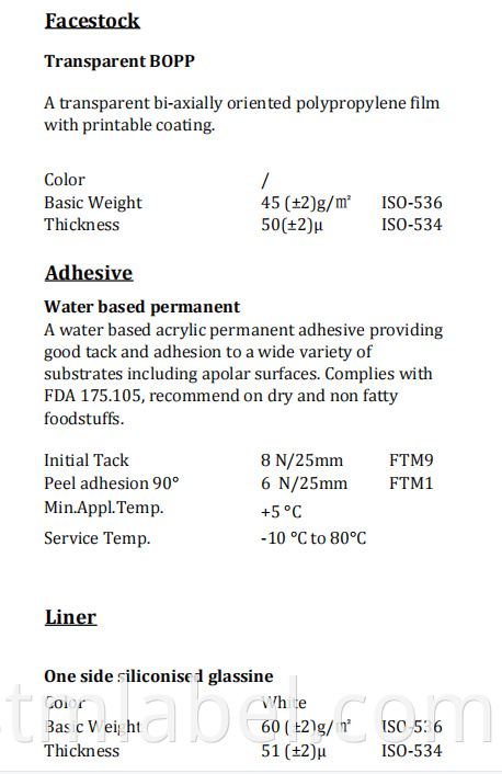 Transparent Bopp Tc Water Based Permanent White Glassine
